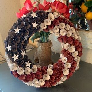 WOOD CHIP wreath, RED, BLUE and WHITE circles with stars. HANDMADE, jute hanger.